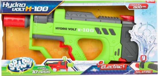 Groen en grijs "Hydro Volt X-100" waterpistool in verpakking, "Splash" en "Electric!"