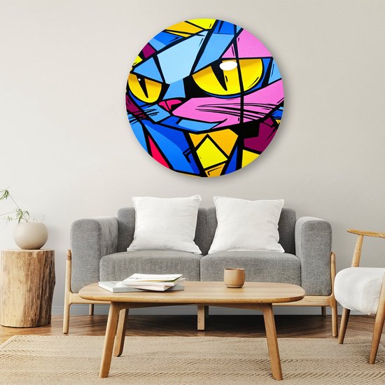 Kleurrijke kubistische kattenkunst - Kat rond schilderij - Ronde wanddecoratie dier - Kubisme - Forex muurcirkel op maat - Kunst voor landelijke interieurs - muurcirkel forex 50x50 cm