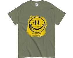 Grappig Stoer Tshirt met Tekst & Smiley - Positieve Grunge Stijl - Vrouwen Mannen - Khaki Groen - L
