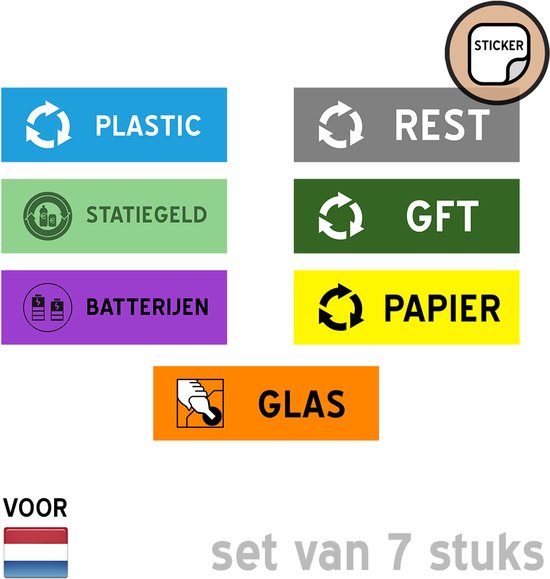 Foto: Set vuilnis sorteer stickers 7x gft plastic statiegeld batterijen glas papier rest 14 x 4 cm afval sorteren sticker voor nederland 7 stuks