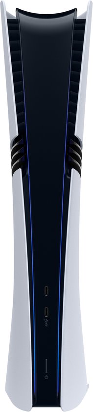 De voorkant van de PlayStation 5 Pro console, wit met zwarte strepen en blauwe verlichting.