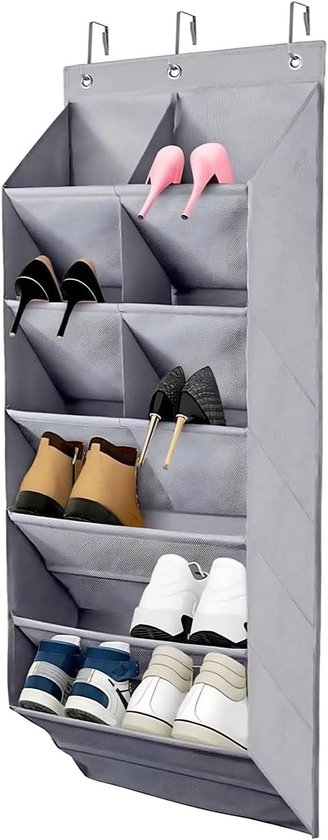 Schoenenrek deur- Schoenenrek hangend - 41*120*17cm Schoenenrek - Schoenenrekorganizer met haken - Opvouwbare Schoenenhouder - Schoenen Opbergsysteem - 9 vakken - Geschikt voor slaapkamers, kledingkasten en slaapzaaldeuren - Grijs