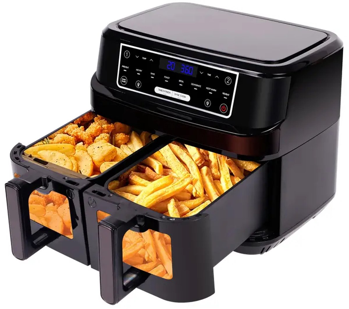 Afbeelding 2 van Dubbele Kamer Airfryer – 10L (5L + 5L) – Dual Zone – Met Kijkvensters & Touchscreen – 8 Automatische Programma’s – Olievrije Heteluchtfriteuse