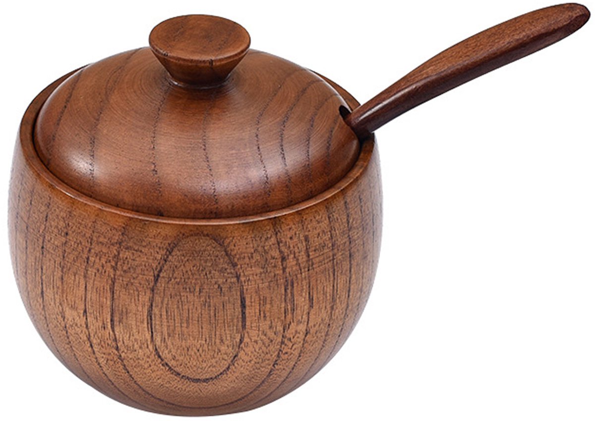 Houten Kruidenpot met Deksel & Lepel – Duurzame Zout- en Specerijenhouder van Natuurlijke Jujubehout – Rond Design, Stijlvol Keukenaccessoire