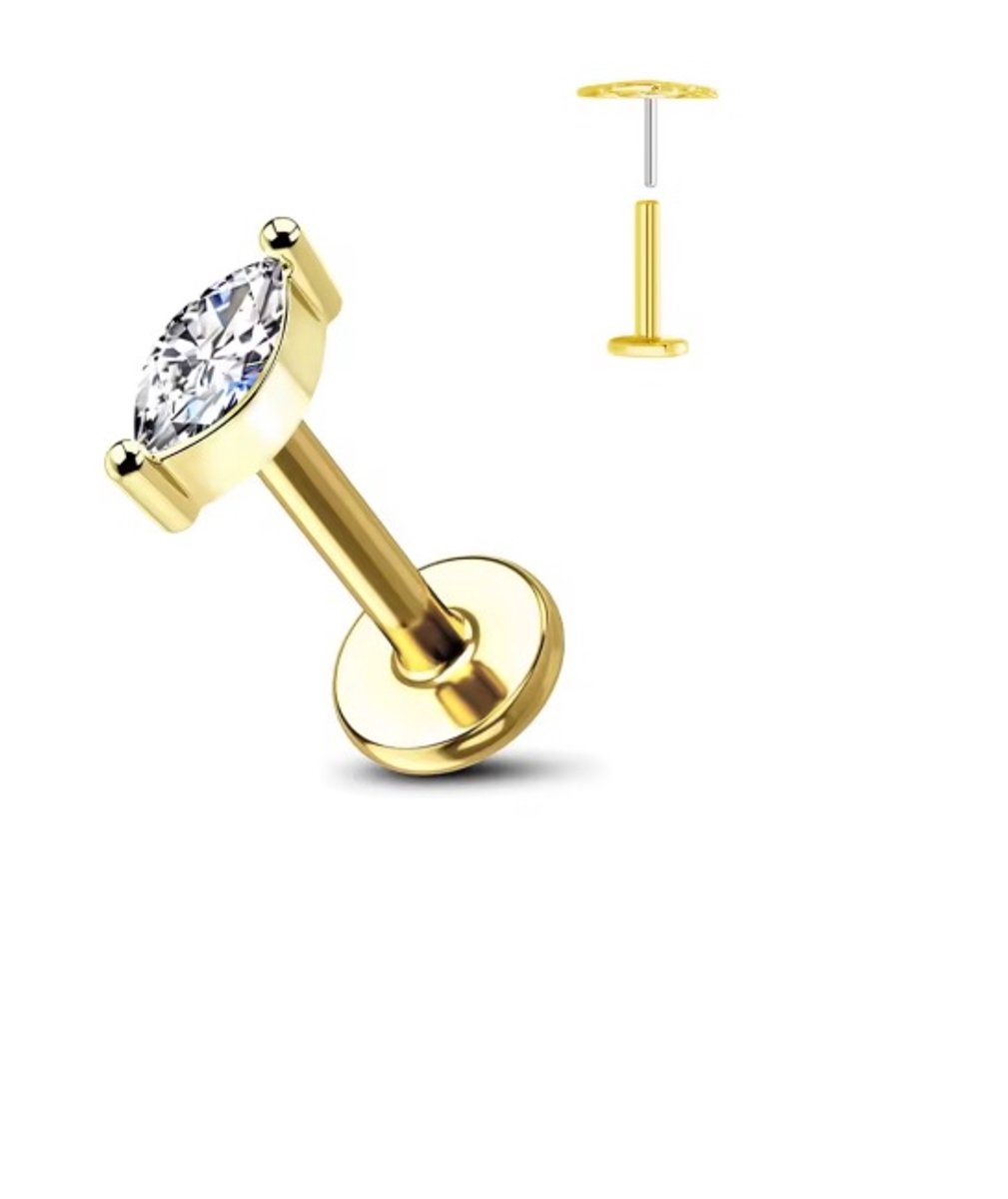 Piercing voor Oor - Kleur: Goud - Formaat: 12 x 6 MM - Titanium - Tragus / Kraakbeen / Helix / Conch - Oorpiercing - Piercing Sieraad - Hoge Kwaliteit - Labret Piercing - Luxe Sieraad - Oorbellen