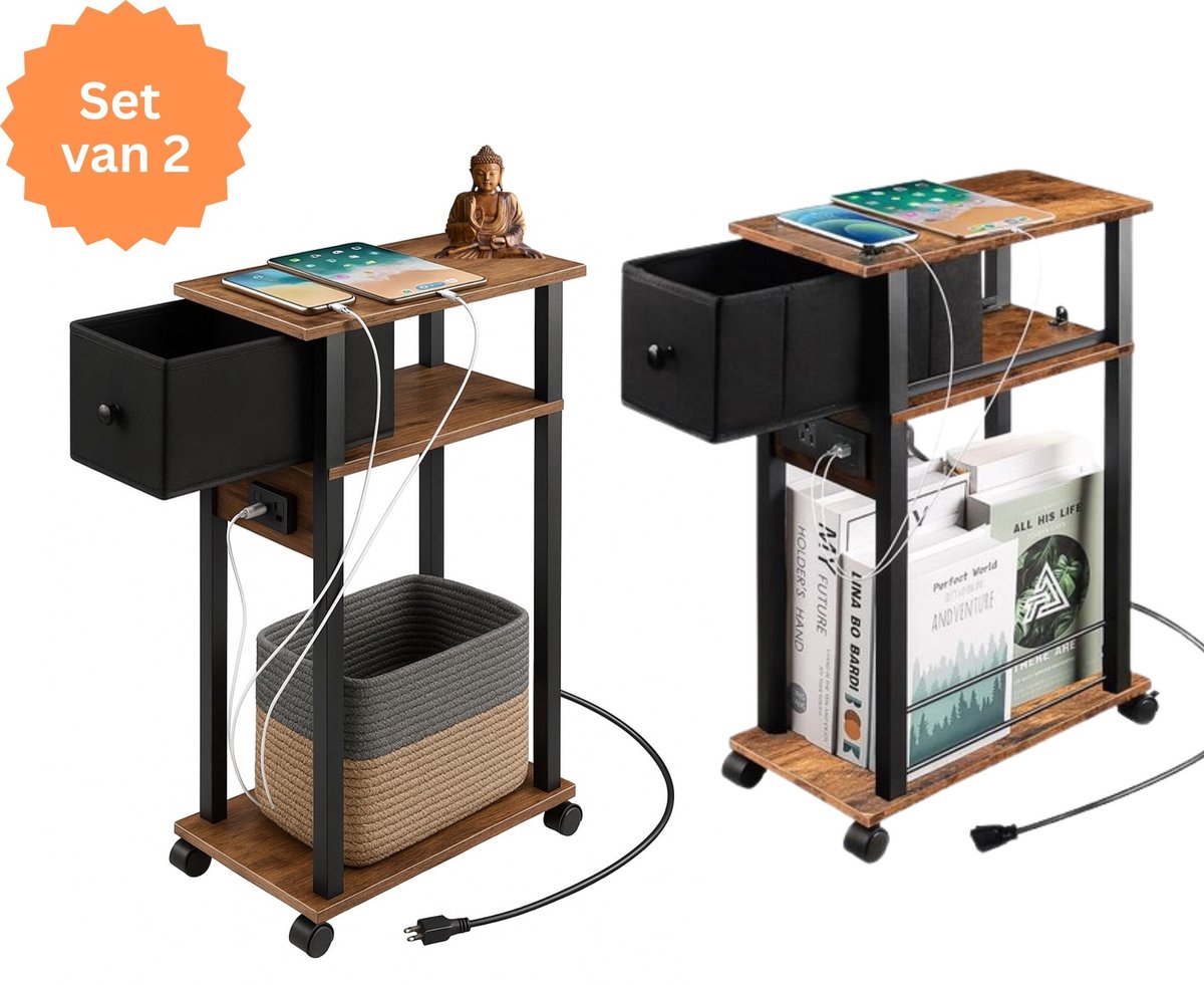 Signature Home Aarhus Bijzettafel - Nachtkastje Set van 2 met laadstation - Lectuurbak - Lectuurtafel op wieltjes - met lade - banktafel voor slaapkamer - woonkamer - bruin en zwart - 40x20x57 cm