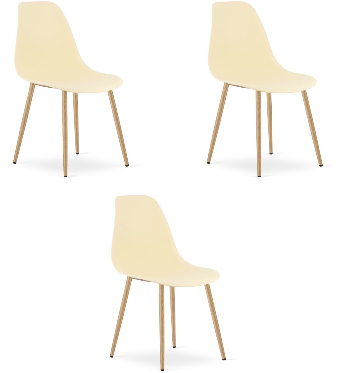 Set van 3 Stoelen WAT – Crème, Houtlook Metalen Poten, Kunststof Zitting – Modern en Ergonomisch – Geschikt voor Eetkamer, Woonkamer, Keuken, Thuiswerkplek, Kantine en Wachtruimte – Eenvoudige Montage