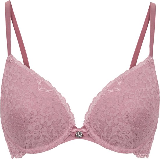 Voorgevormde roze kanten push-up beha met strikje en strijkbeugel.