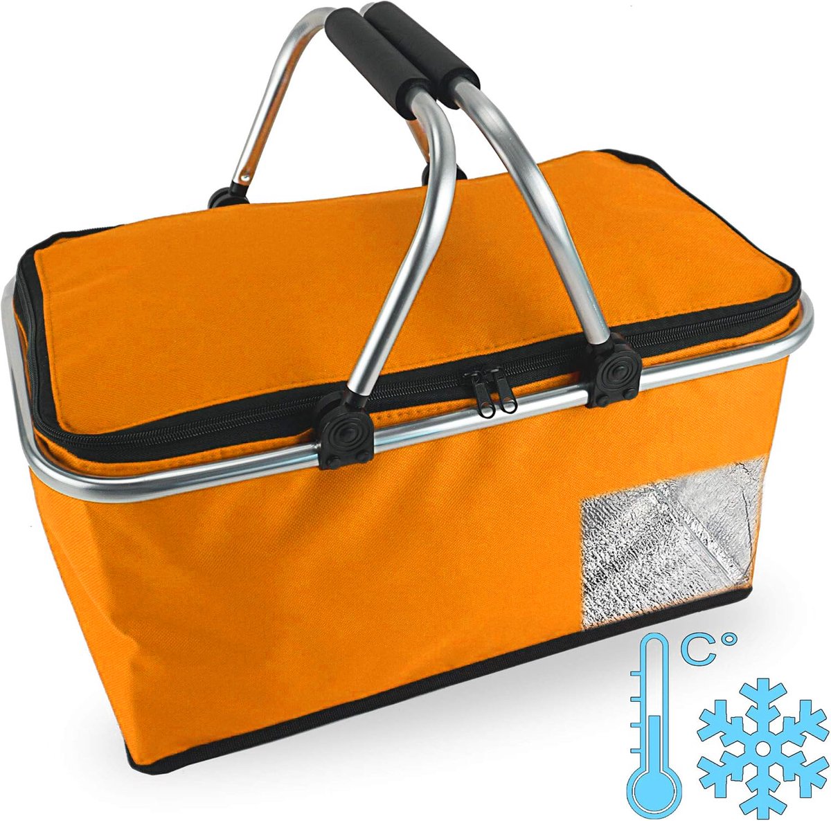 Thermische Opvouwbare Picknickmand – Isolerende Voering – Aluminium Frame – Lichtgewicht en Waterdicht – Voor Picknick, Strand & Boodschappen – Oranje