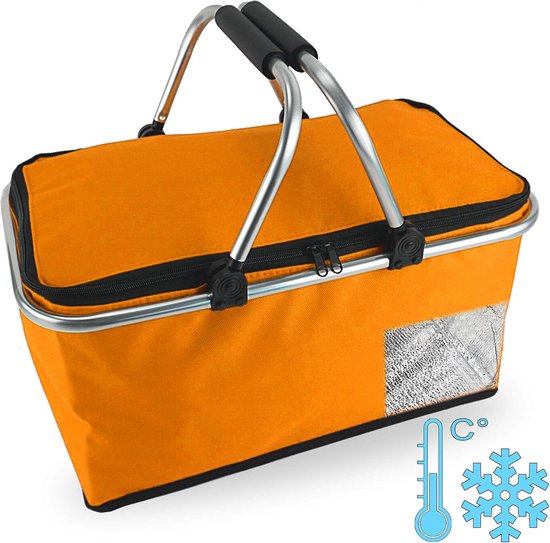 Panier de pique-nique pliable et isotherme – Doublure isolante – Cadre en aluminium – Léger et imperméable – Pour pique-niques, plage et courses – Oranje