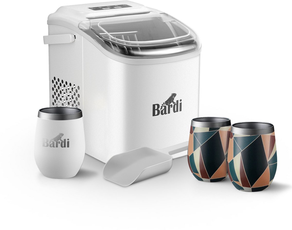 Bardi Deluxe IJsblokjesmachine Set 1,2 Liter Wit - 12KG IJsblokjes in 24 uur - met IJsschep - Inclusief 3 Luxe Thermosbekers en Ijsschep - Abstract Colours