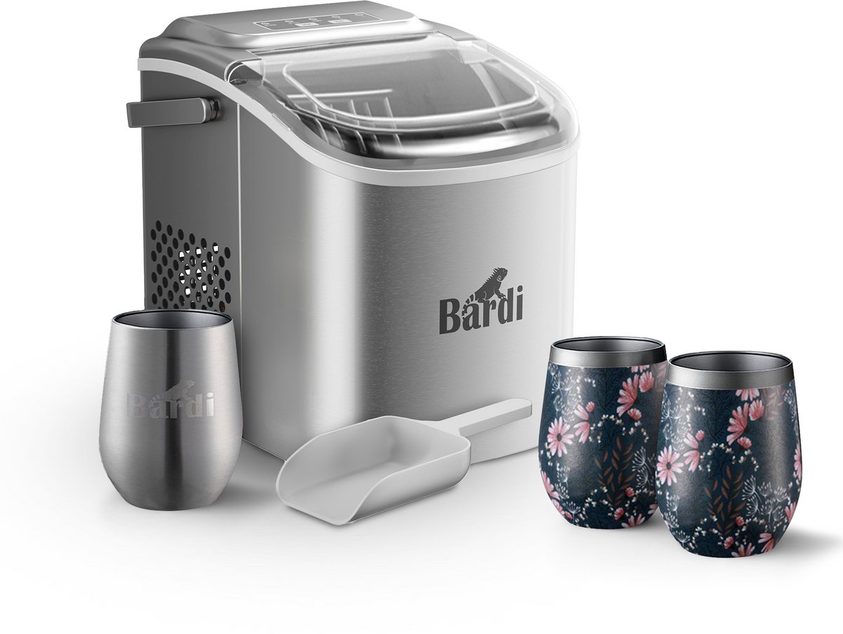 Bardi Deluxe IJsblokjesmachine Set 1,2 Liter RVS - 12KG IJsblokjes in 24 uur - met IJsschep - Inclusief 3 Luxe Thermosbekers en Ijsschep - Japanese Flower