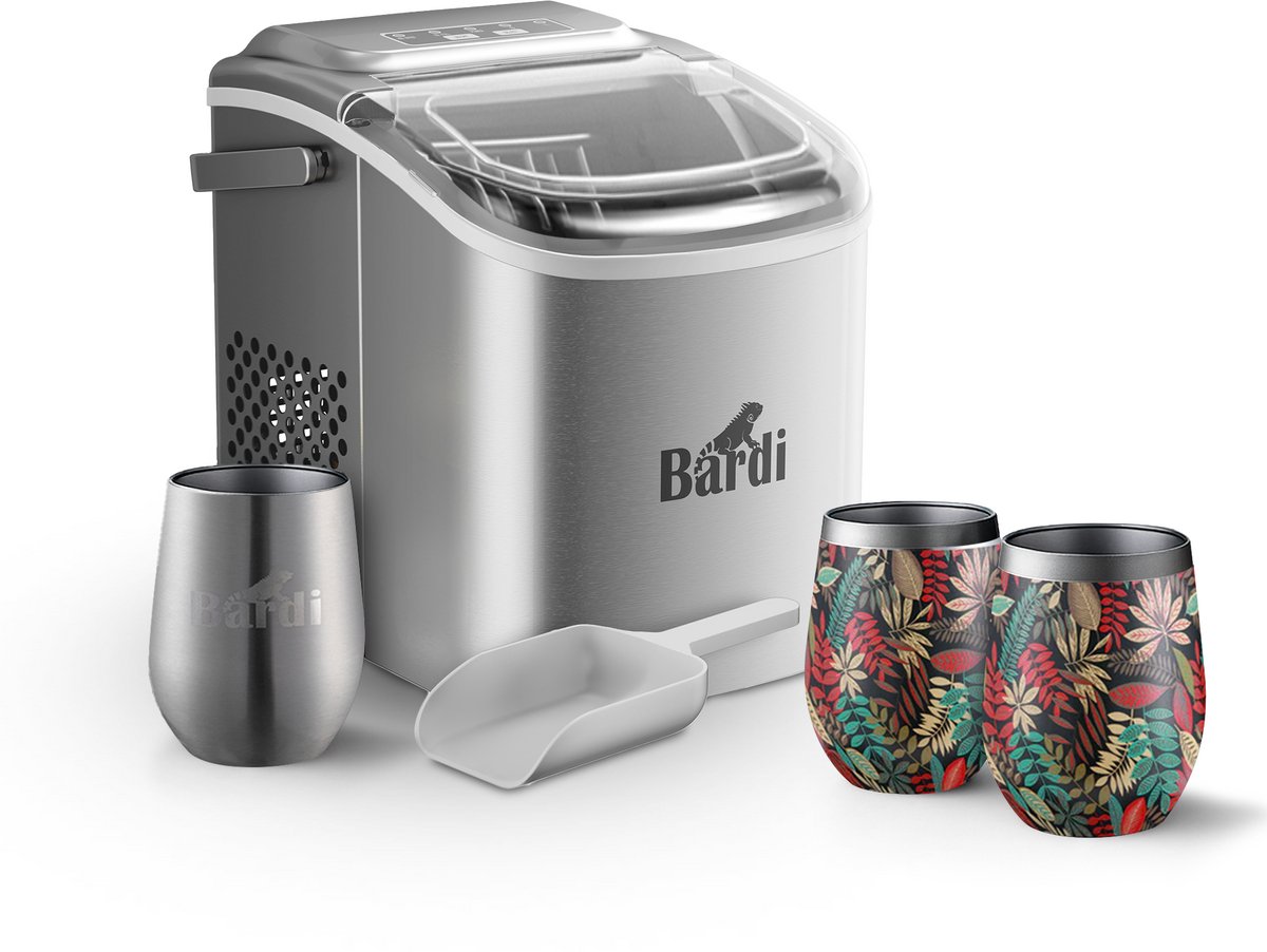 Bardi Deluxe IJsblokjesmachine Set 1,2 Liter RVS - 12KG IJsblokjes in 24 uur - met IJsschep - Inclusief 3 Luxe Thermosbekers en Ijsschep - Jungle