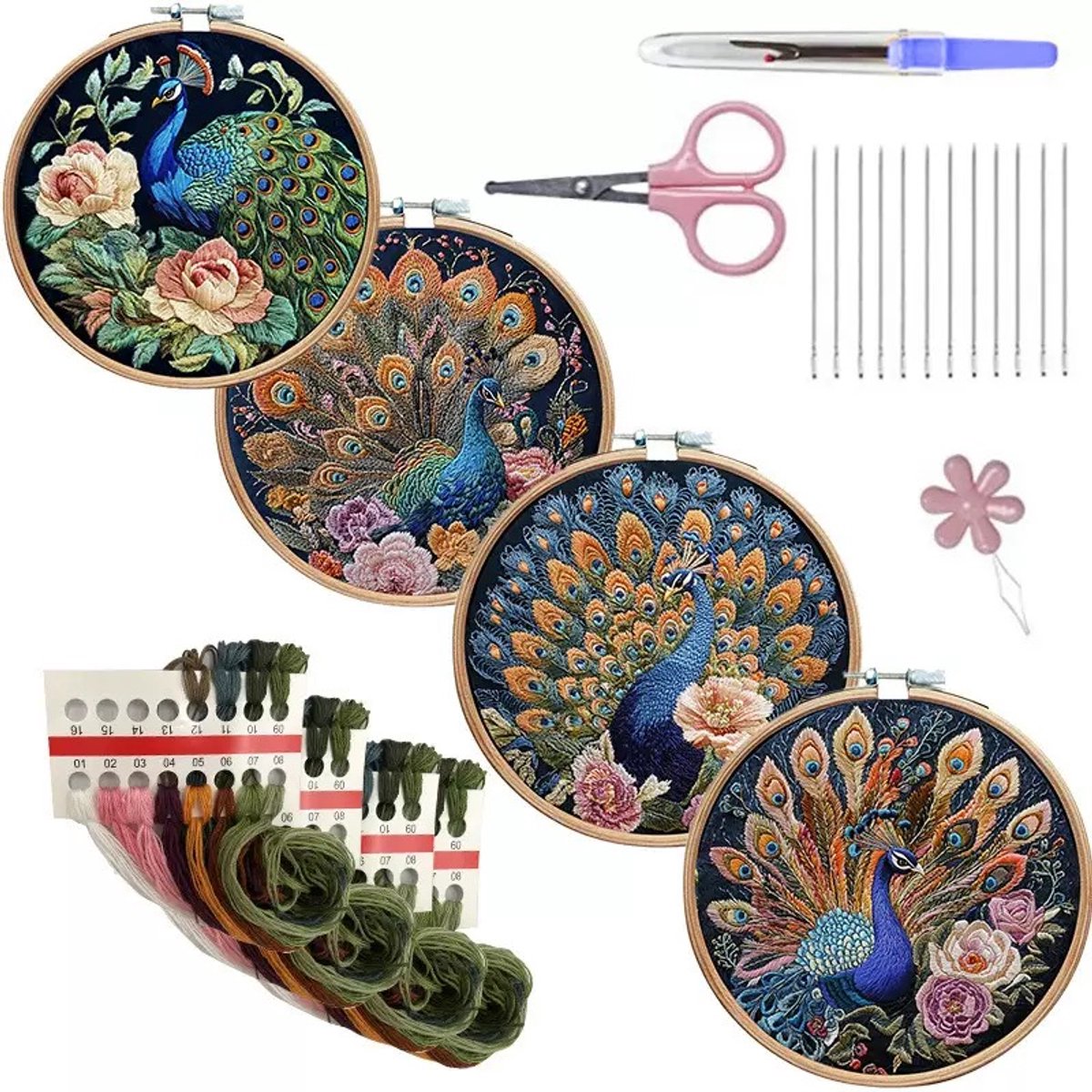 BOTC Borduurpakket - Borduurpakket van 4 - Borduurpakketten voor Volwassenen-Hobby en Creatief - Borduren - Peacock Color Stamped — afbeelding 4