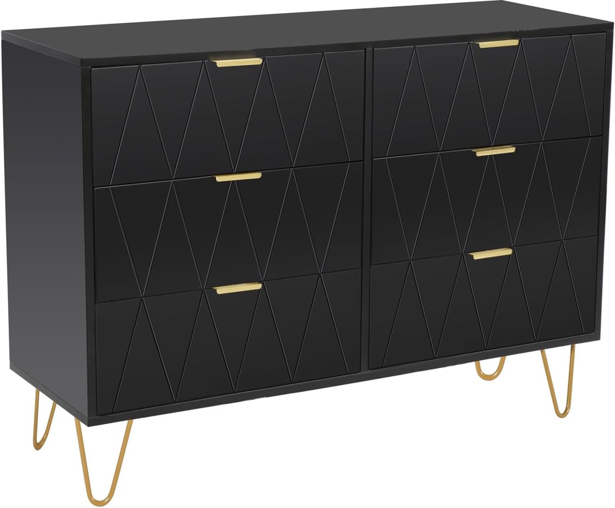 UEV Ladekast, kledingkast met 6 lades, opbergmeubel voor kinder-/volwassenenkamers, 100 x 34 x 73 cm, dressoir voor in de woonkamer, elegante Scandinavische stijl, Zwart