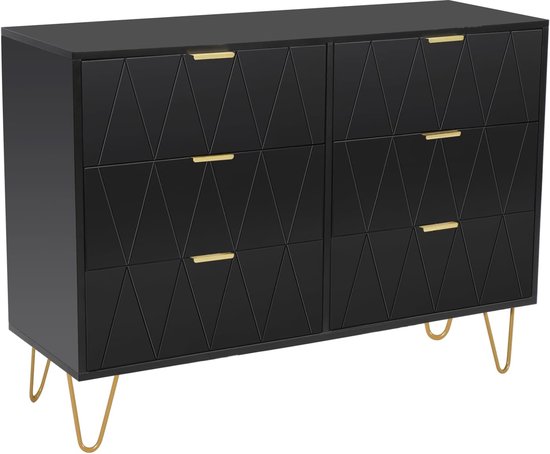 Zwarte commode met zes lades, gouden handgrepen en schuine gouden pootjes. De ladefronten hebben een geometrisch ruitpatroon.