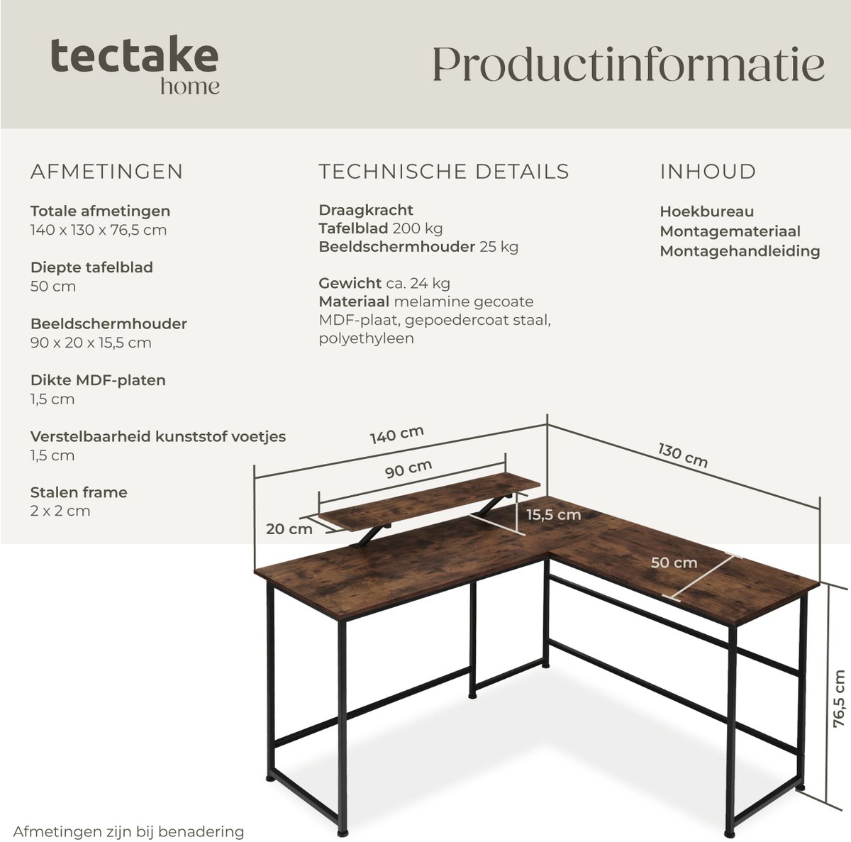Tectake Tectake L-vormig Bureau - afbeelding 4