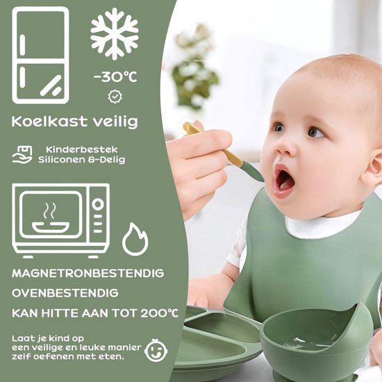 TTLUOKER®8-Delig Kinderservies set Siliconen - Baby Servies set Incl. bord met zuignap, drinkbeker met rietje, slabbetje en 2 sets Kinderbestek - Baby Bestek Siliconen - Vaatwasserbestendig - Ovenbestendig - BPA Vrij - Lichtgroen van Merkloos — afbeelding 4