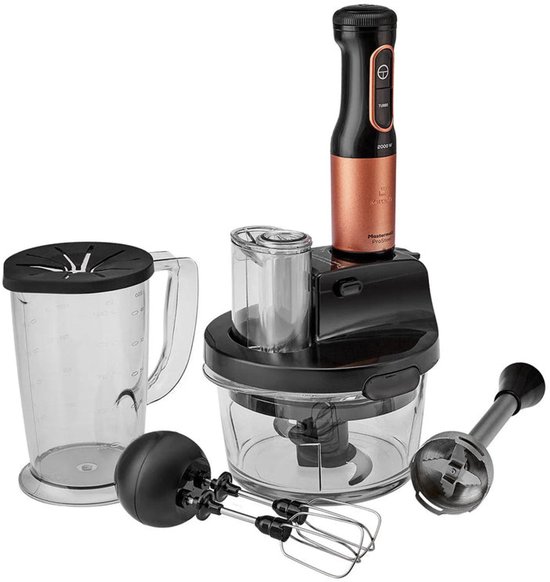 Karaca Mastermaid Prosteel - Keukenrobot 2500W - Glazen Hakmolen 1,5L - Staafmixer, Smoothiebeker, Garde, Rasp & Snijschijven - Zwart/Koper van Karaca — afbeelding 5
