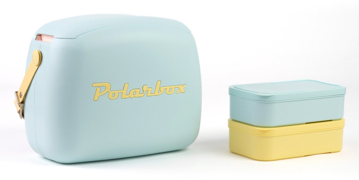 Retro Koelbox 6L met 2 Lunchboxen - Vintage Koelbox voor Picknick, Strand, Camping & Lunchbox – Sky Blue -Yellow Polarbox.