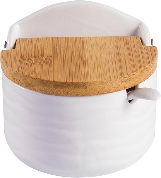 Keramische zoutpot met bamboedeksel en lepel