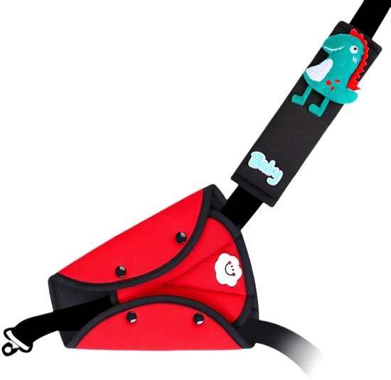 Kinder Autogordel Versteller & Gordelbeschermer - Rood - Dino - Gordelhoezen - Autogordel Accessoires voor Kinderen - Nekbeschermer kind - Schouderbeschermer - Universeel & Comfortabel
