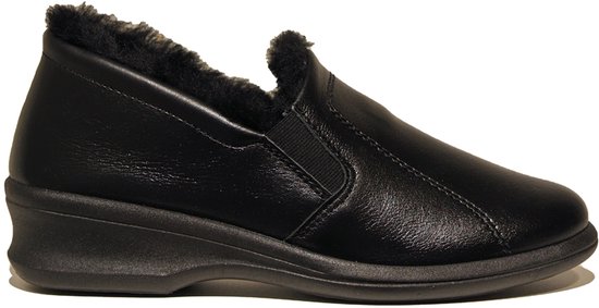 Zwarte Rohde pantoffel met imitatiebont voering en subtiele stiksels.