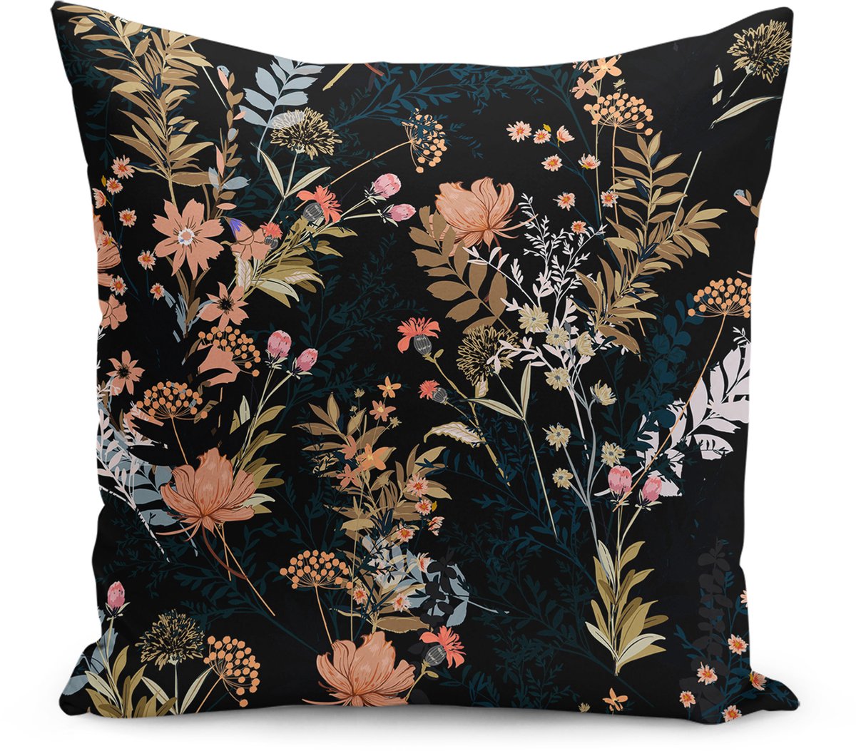 De Groen Home BLOEM - Sierkussen Velvet - 45x45 - Bloemen op zwart - Inclusief binnenkussen - Aan beide zijdig bedrukt