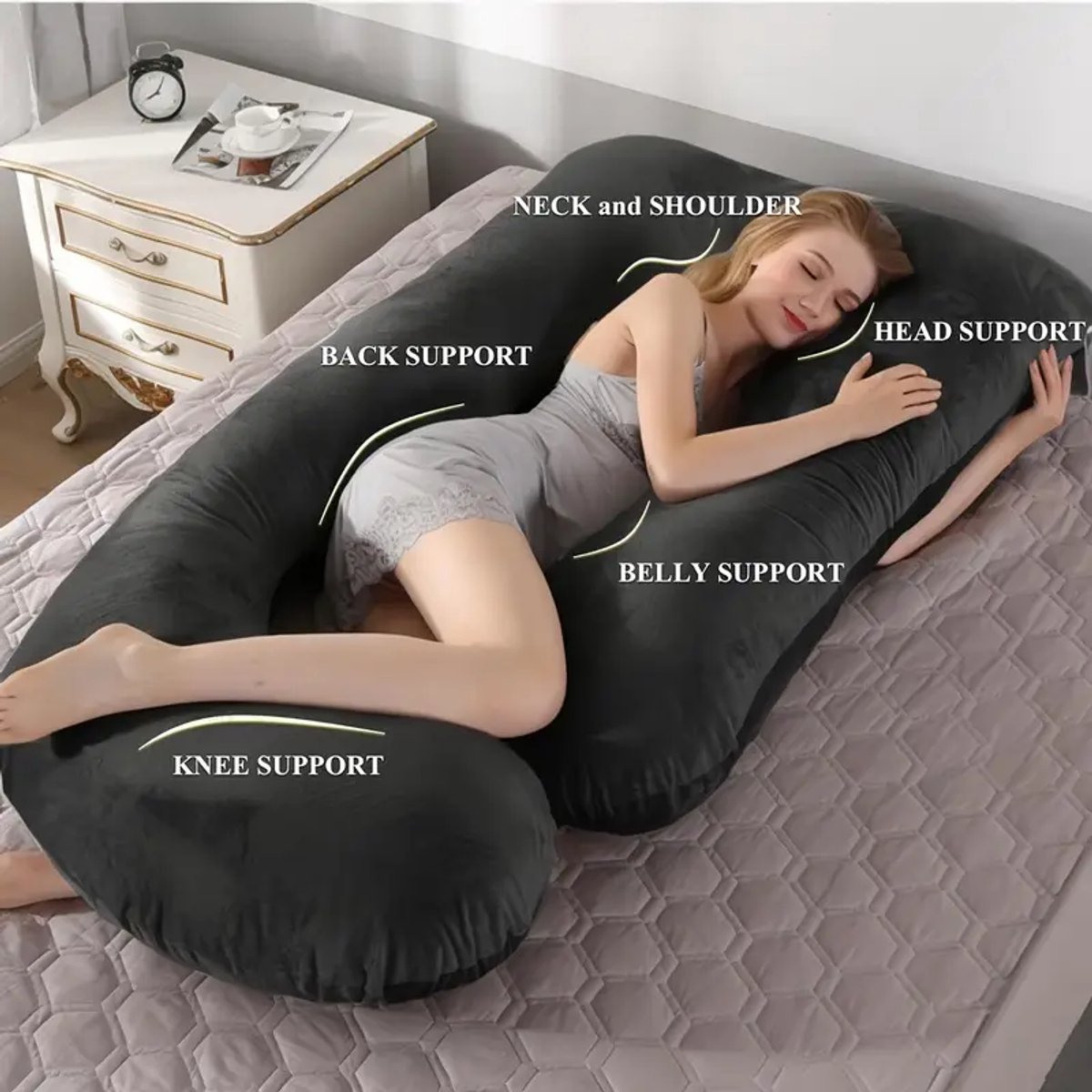 Image of 55 Inch Volledig Lichaams Zwangerschapskussen – 40cm Breed – Comfortabel met Afneembare Grijze Hoes