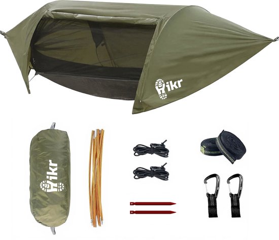 Hikr® Hangmat met Tent/Tarp en Muggennet - 1 persoons - Premium 210T Nylon met Klamboe - Bushcraft - 150KG reis hangmat - Survival - Outdoor - Hiking - Muskietennet - Lichtgewicht