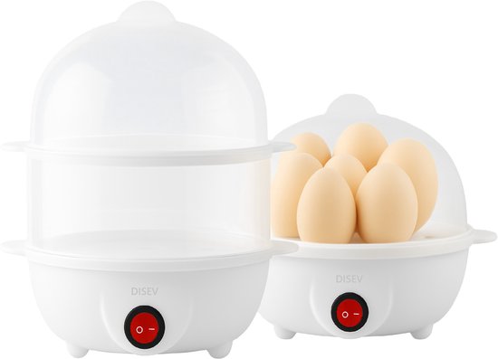 Witte eierkoker met twee transparante etages en een doorzichtig deksel. Inclusief een losse eierkoker met eieren.