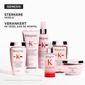 Collection Kérastase Genesis avec flacons roses : shampooing, soin, masque et sérum.