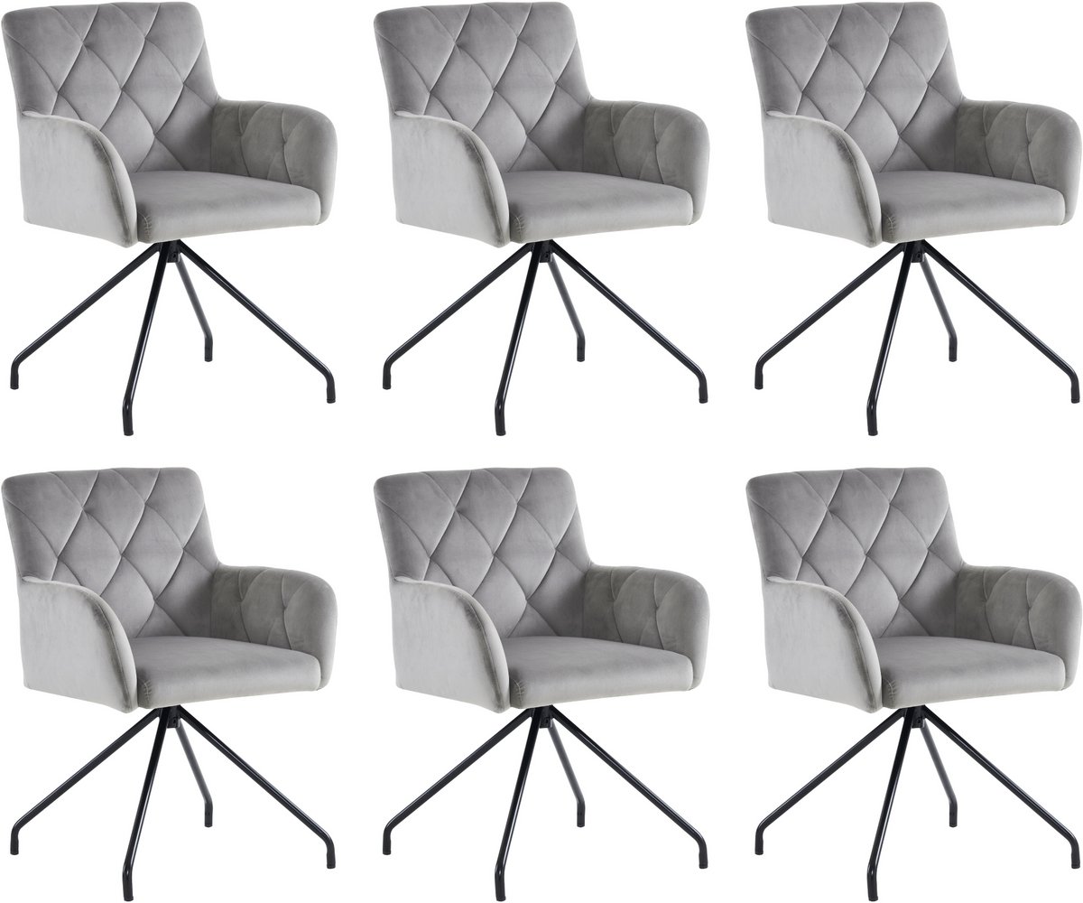 Merax Eetkamerstoelen Set van 6 – Fluweel Lichtgrijs met Armleuningen en Rautepatroon – Comfortabele Gestoffeerde Stoelen met Metalen Poten – Modern Design voor Eetkamer of Bureau