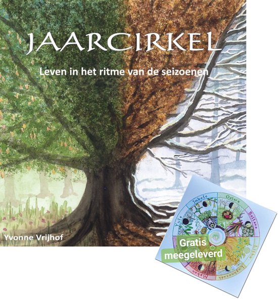 De cover van het boek 'Jaarcirkel: Leven in het ritme van de seizoenen' toont een boom verdeeld in vier seizoenen, met een gratis meegeleverde cirkel.