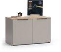 Grijze kast met houten blad en twee deuren, met Pink Floyd album op het blad.