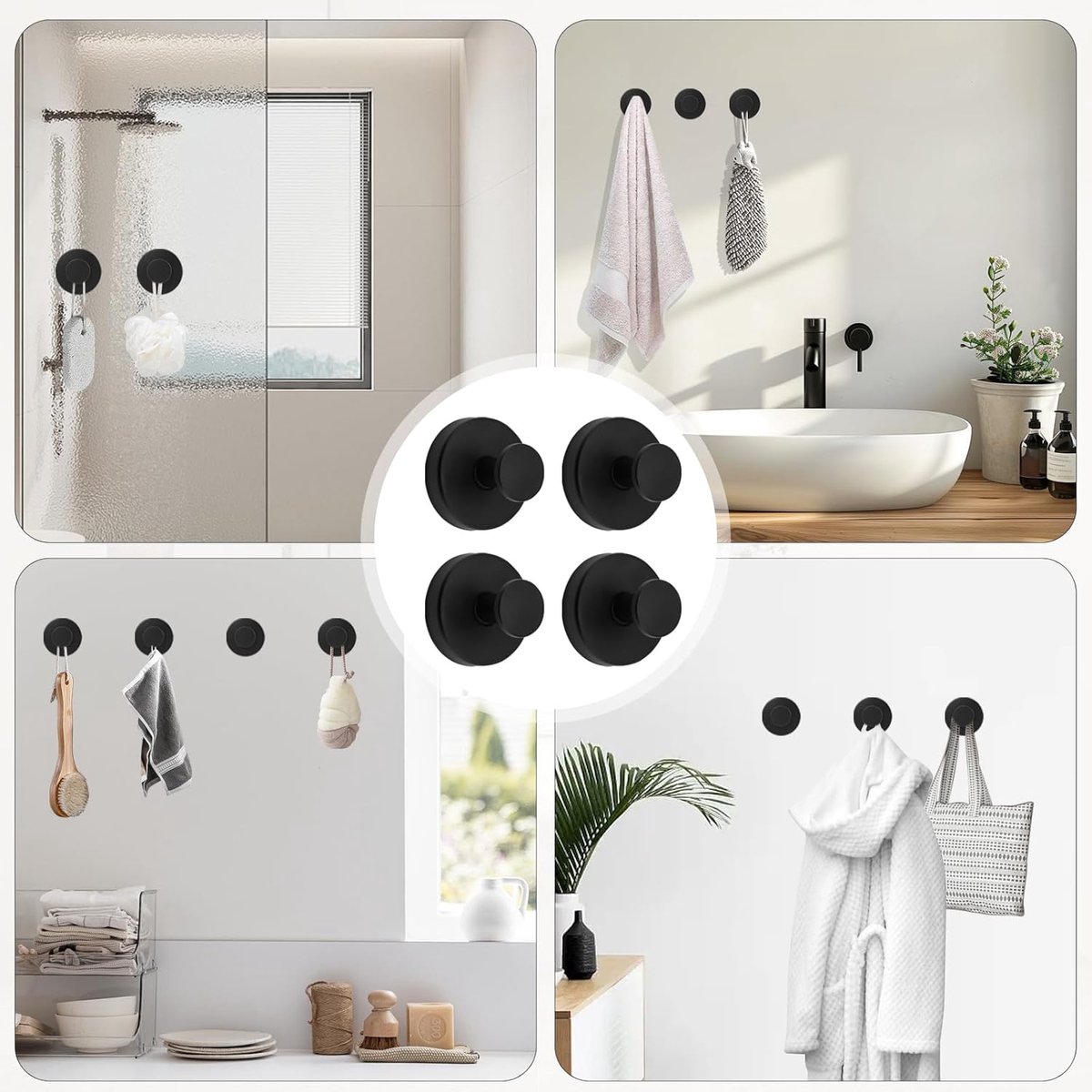 Bukuhlio 4 stuks zuignaphaken, zwart, 100 kg, zonder boren, zwart, handdoekhouder, zuignap, handdoekhaak, kleefhaken, extra sterke wandhaken voor badkamer, keuken, gladde ramen, muur, glas