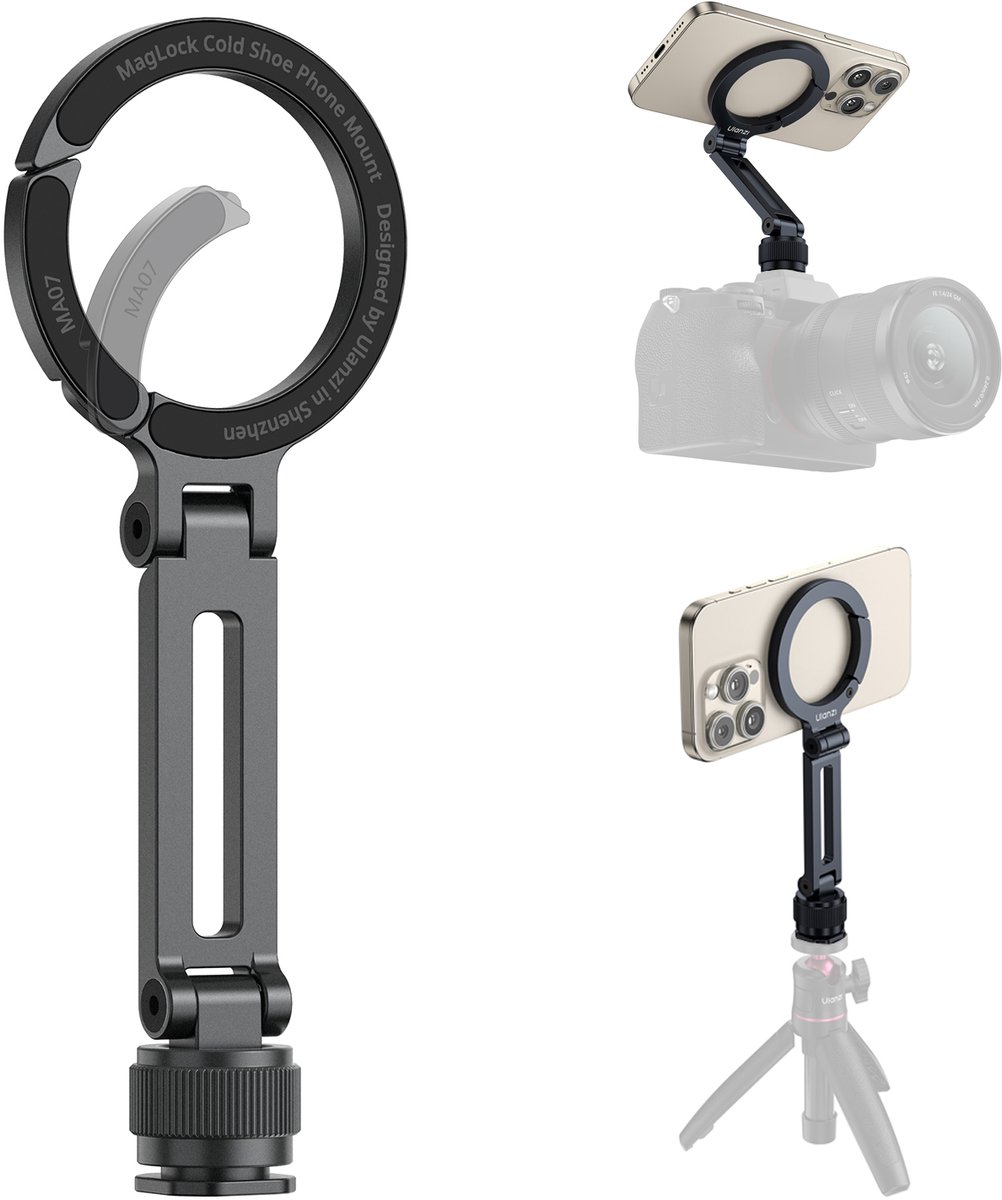 Ulanzi MA07 MagLock telefoonhouder voor statief & Cold Shoe - MagSafe Compatibel - Arca-Swiss Quick Release - Aluminiumlegering - Zwart