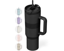 ONYX Drinkfles met Rietje 1.2 Liter - Waterfles voor Kinderen & Volwassenen - Thermosbeker RVS Travel Mug - Motiverende Drinkbus - Drinkbeker voor School - Onyx Black