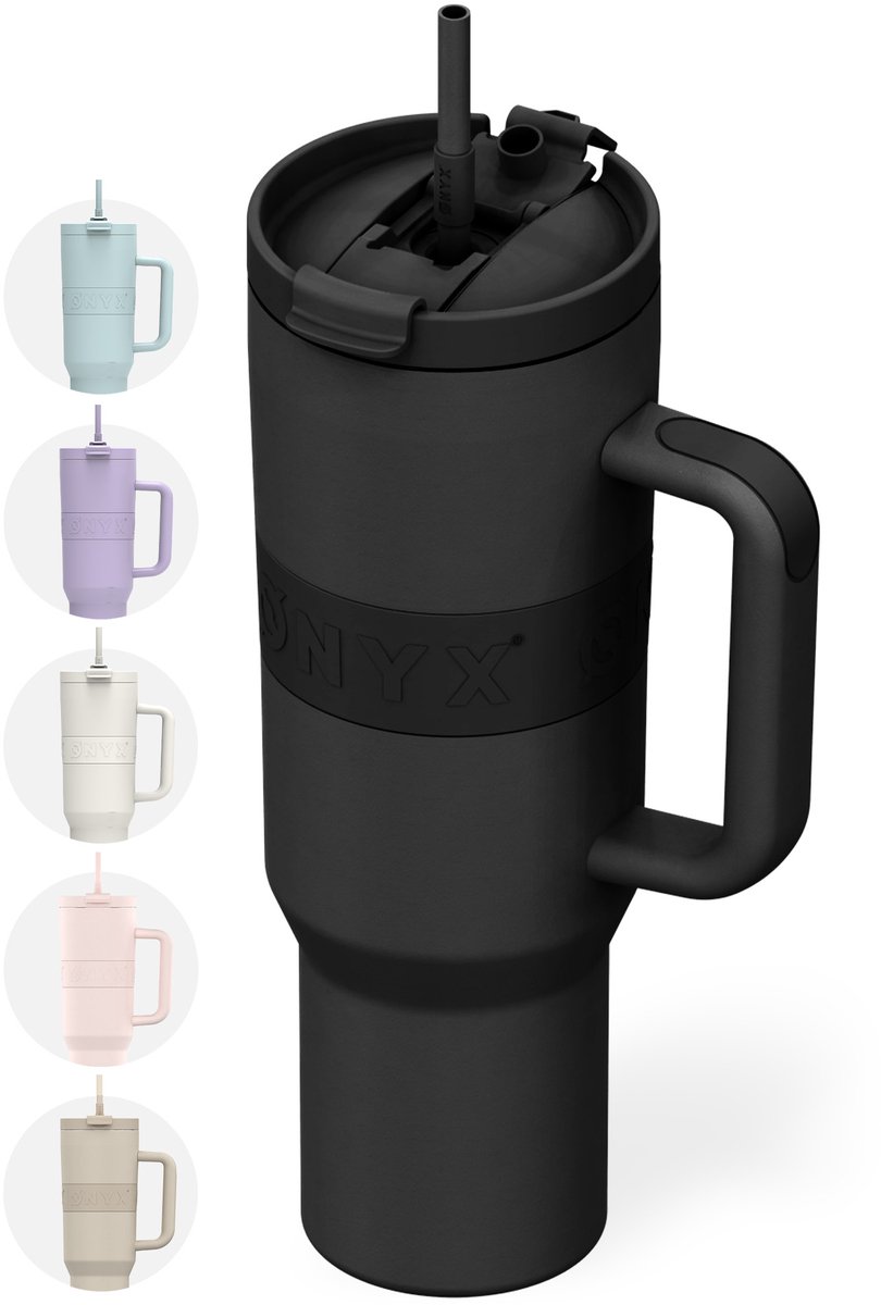 ONYX Drinkfles met Rietje 1.2 Liter - Waterfles voor Kinderen & Volwassenen - Thermosbeker Travel Mug - Motiverende Drinkbus - Drinkbeker voor School - Zwart