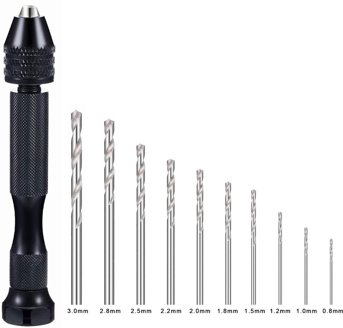 Professionele handboor met pincet, mini-spiraalboorset (0,8-3,0 mm), precisie handboor en roterende gereedschapsset van 11, voor metaal, hout, handwerk, doe-het-zelf, sieraden, assemblage, modelbouw