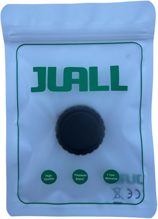 Zwarte JUALL houder voor AirTag in verpakking met "High Quality", "Premium Brand" en "1 Year Warranty" logo's.