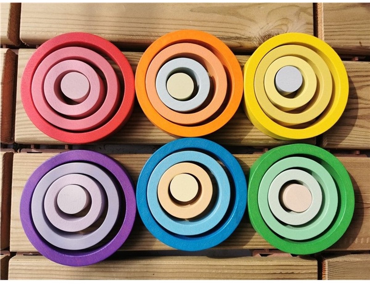 Regenboog ringen - Nest rings - 24 stuks - Houten ringen - Open einde speelgoed - Educatief montessori speelgoed