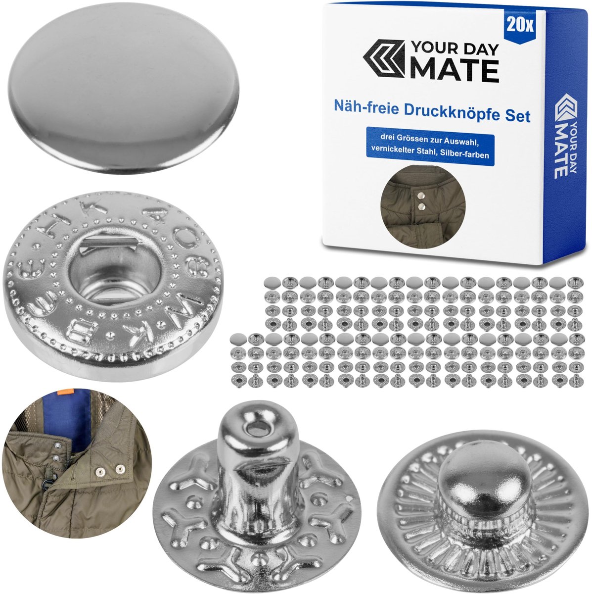 Naaivrije drukknopen, Ø 10 mm, 20 paar, in zilver, set zonder gereedschap, stoffen clips voor doe-het-zelvers, drukknoop met ringveersluiting, reparatie metalen knopen, vervangende accessoires voor het naaien van knopen, drukknoop met ringveer