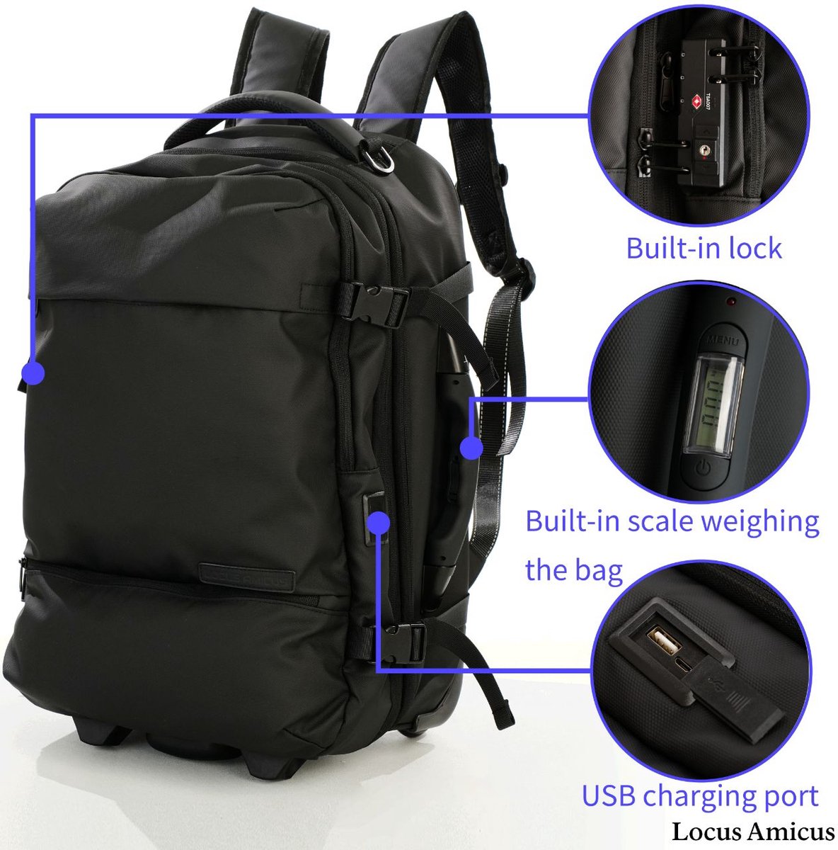 Locus Amicus Luxe 2-in-1 Handbagage Koffer & Rugzak - 11-delig Reispakket met Powerbank & Tracker - Ideaal Reiscadeau