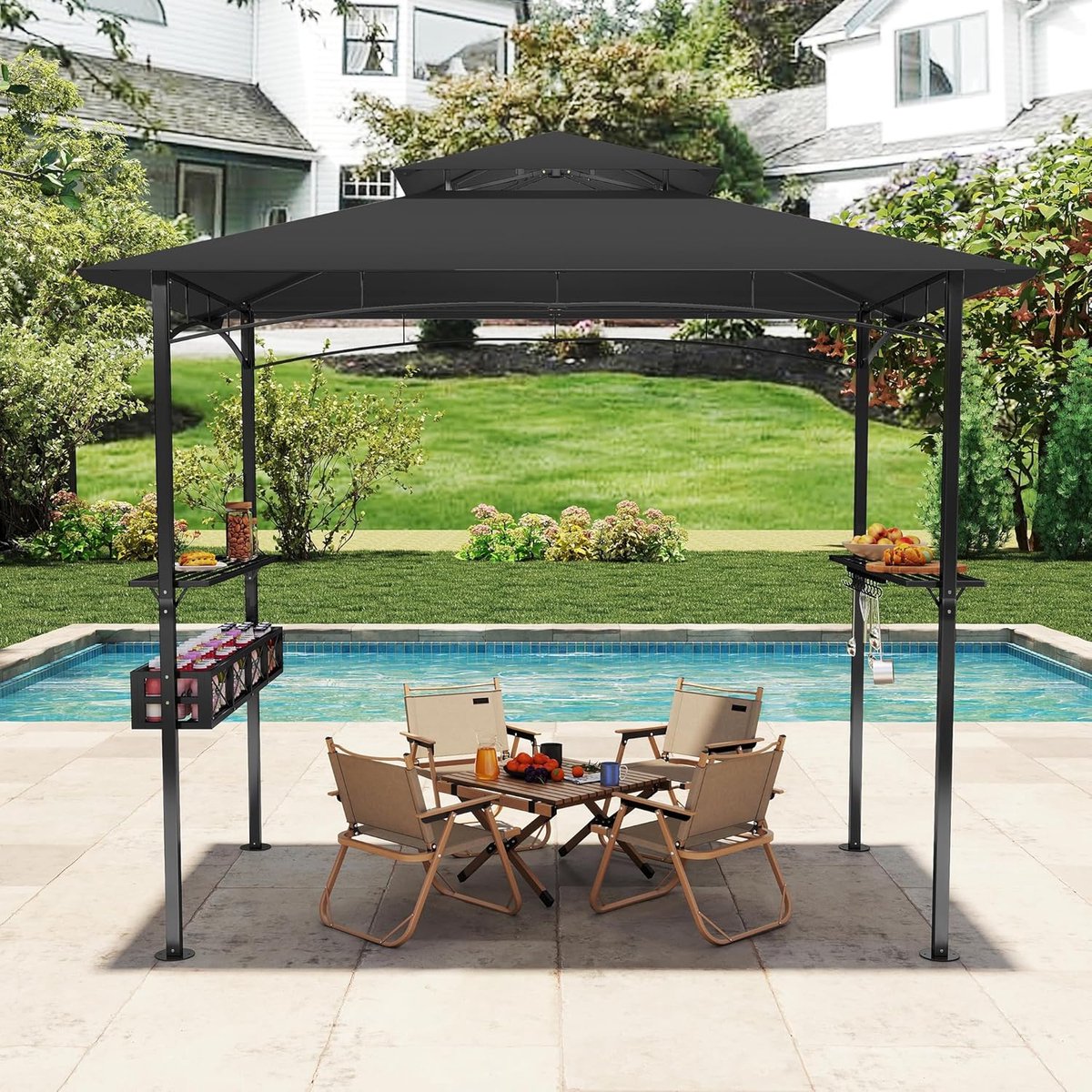 Aufun Barbecuepaviljoen - 2,45 x 1,53 m - zwart - partytent met dubbele afdekking - metalen frame - met planken en opbergmanden