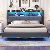 Lit adulte Lit double Lit LED 160x200 cm Lit de rangement multifonctionnel avec interface USB et TYPE-C Grijs