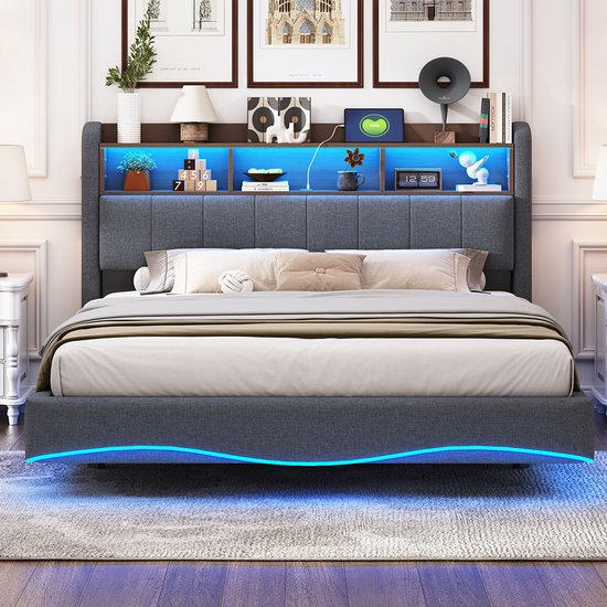 Lit Double Capitonné 140x200 Avec Tête De Lit LED Et Rangement – Design Incurvé Moderne, Ports USB/Type-C, Livré En 2 Colis