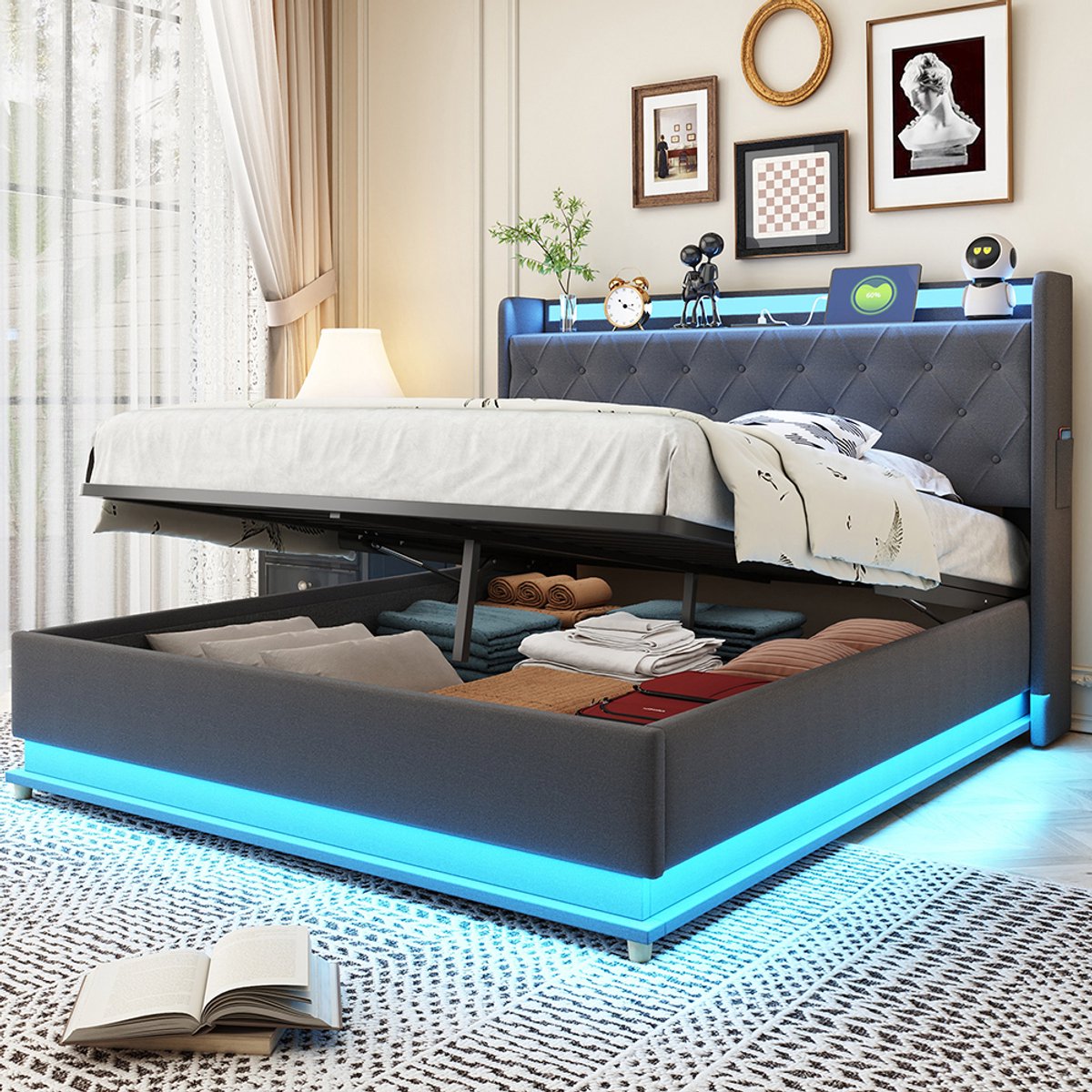 Volwassen bed LED dubbel bed 140x200 cm met USB oplaadpoort en hydraulische ondersteuning linnen Grijs