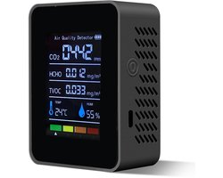 5-in-1 Indoor Air Quality Monitor - Draagbare Smartair Quality Tester voor CO2 | TVOC | HCHO | Temp | Hum - Luchtkwaliteitstest voor thuis, kantoor, school, hotel en auto - Zwart