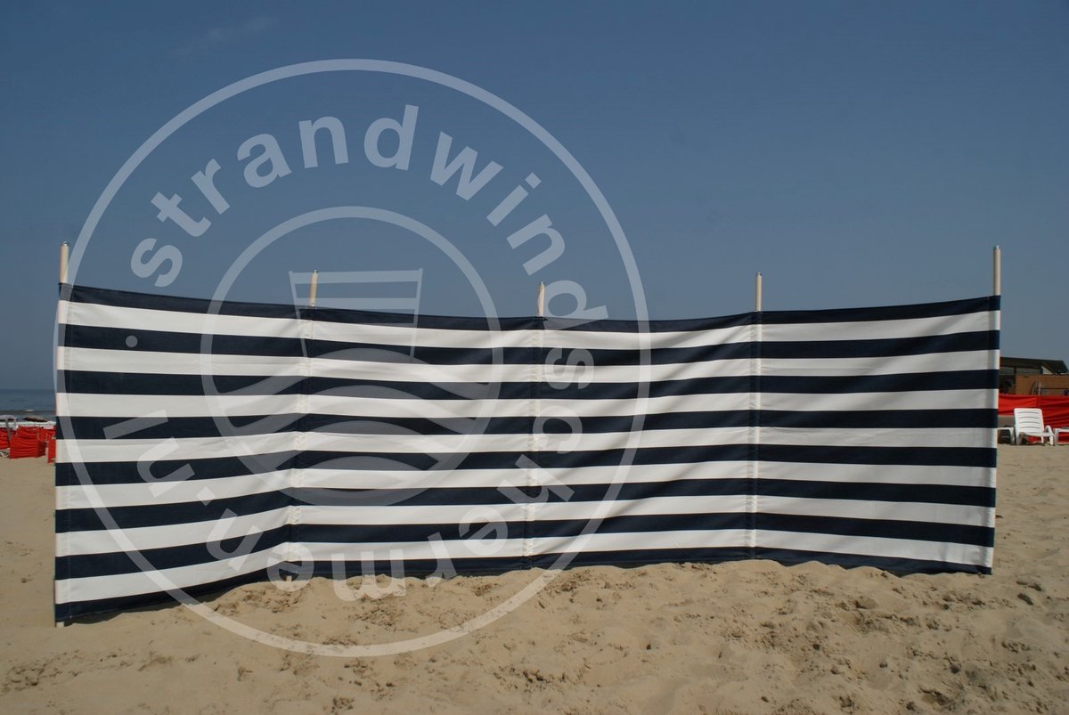Strand Windscherm 5 meter dralon marine blauw /wit met houten stokken